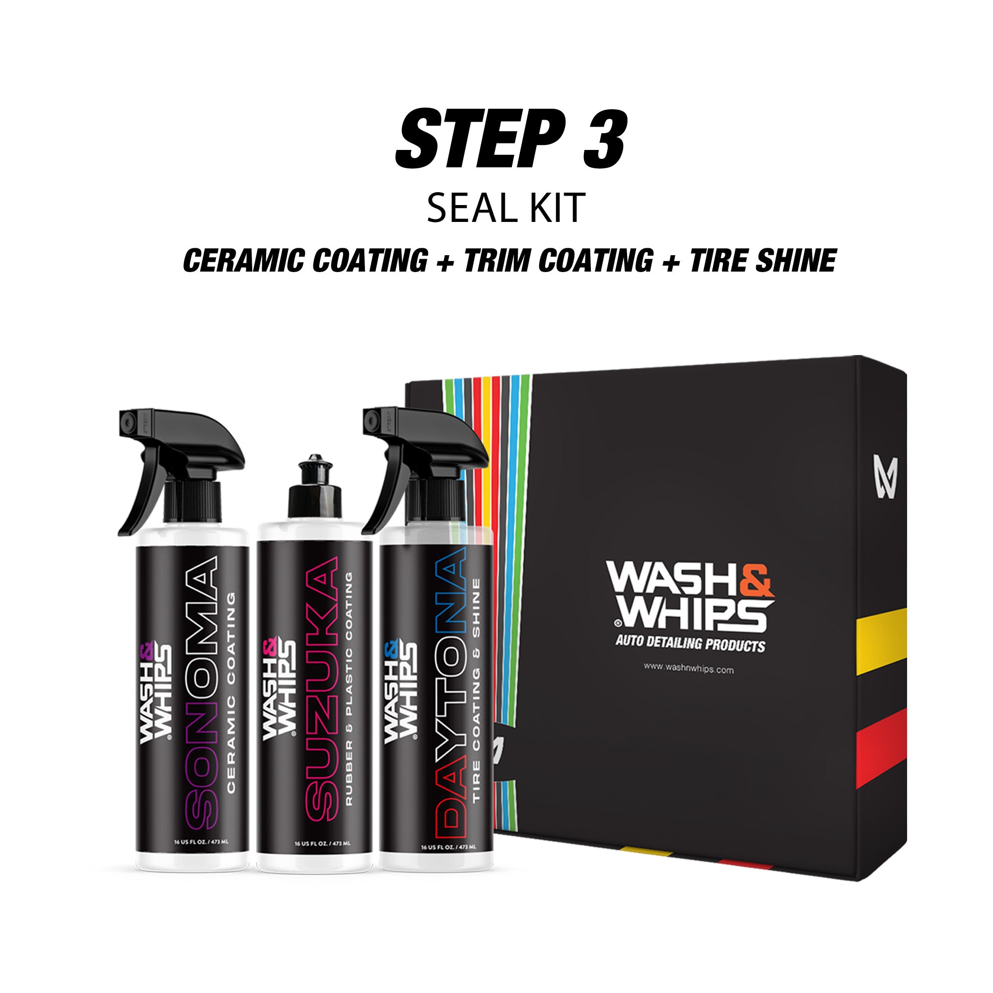 WASH&WHIPS SEAL - Seal & Shine Kit (Step 3) Ceramic Spray, Tire Shine, Rubber & Trim Shine