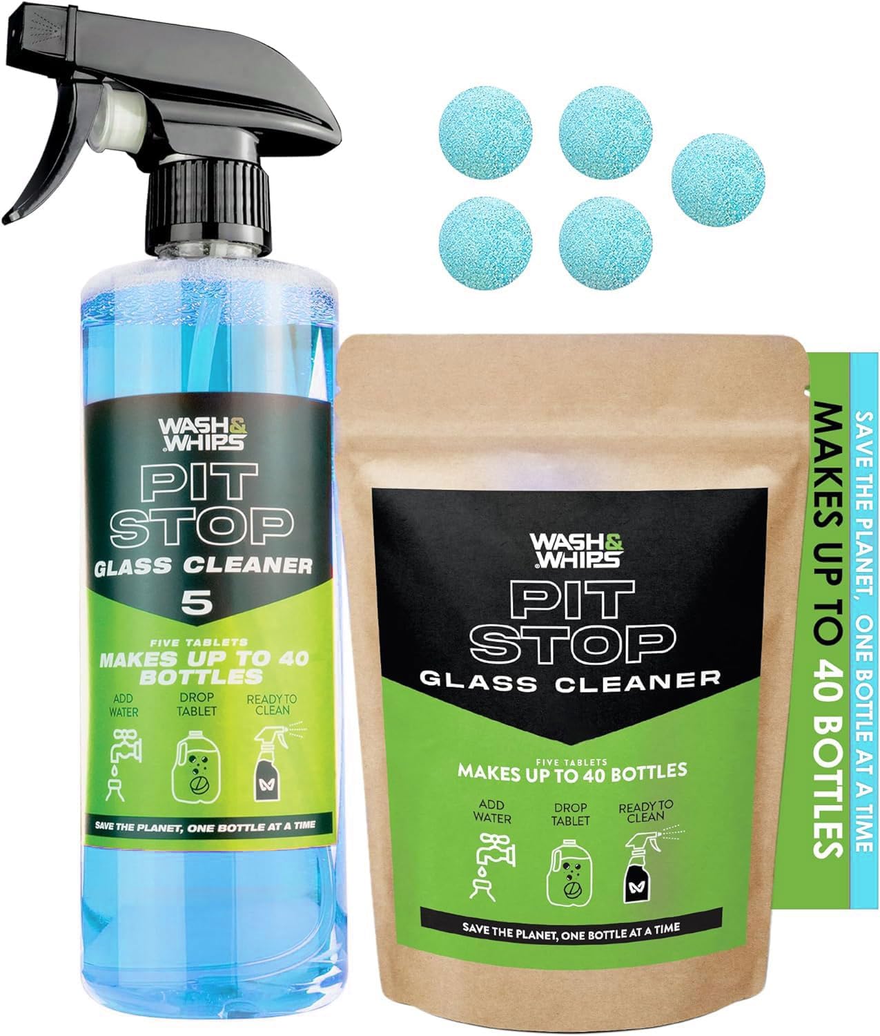 WASH&WHIPS Pit Stop Glass Cleaner / All Surface Cleaner Refill Tablets (Makes 5 Gallons)